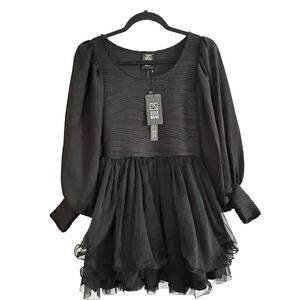 NWT STYLE MAFIA Black Textured Babydoll Dress Chiffon Gathered Puff Sleeve - S